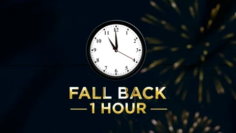 Daylight saving time concept featuring a wall clock with text fall back one.. Stock Footage 346542029