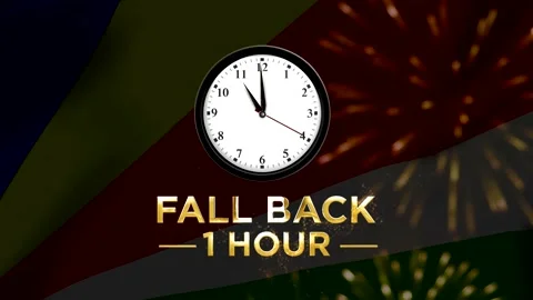 Daylight saving time concept featuring a wall clock with text fall back one.. Stock Footage 346542031