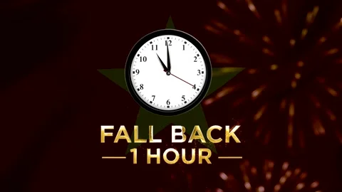 Daylight saving time concept featuring a wall clock with text fall back one.. Stock Footage 346542040