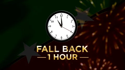 Daylight saving time concept showing a wall clock with text fall back one h.. 스톡 동영상 346542094