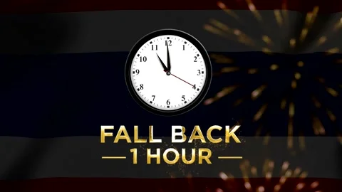 Daylight saving time concept showing a wall clock with text fall back one h.. Vídeos de archivo 346542097