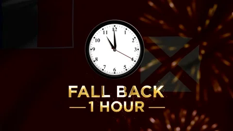 Daylight saving time concept showing a wall clock with text fall back one h.. 스톡 동영상 346542102