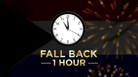 Daylight saving time concept showing a wall clock with text fall back one h.. Видео 346542105