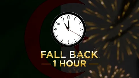 Daylight saving time concept showing a wall clock with text fall back one h.. Видео 346542125