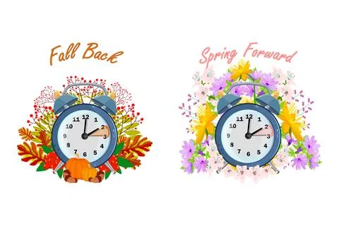 Daylight saving time concept with spring forward and fall back clocks Stock Illustration