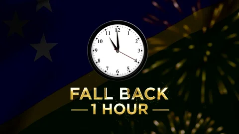 Daylight saving time concept with wall clock and fall back one hour text ov.. 스톡 동영상 346542454