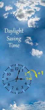 Daylight Saving Time (DST). Blue sky with white clouds and clock. Turn time f Stock Photos