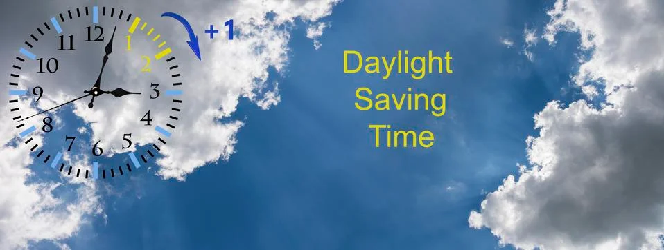 Daylight Saving Time (DST). Blue sky with white clouds and clock. Turn time f Foto stock