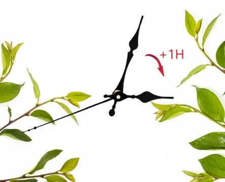 Daylight Saving Time (DST). Blue sky with white clouds and clock. Turn time f Foto stock