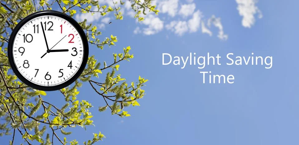 Daylight Saving Time (DST). Blue sky with white clouds and clock. Turn time f Foto stock