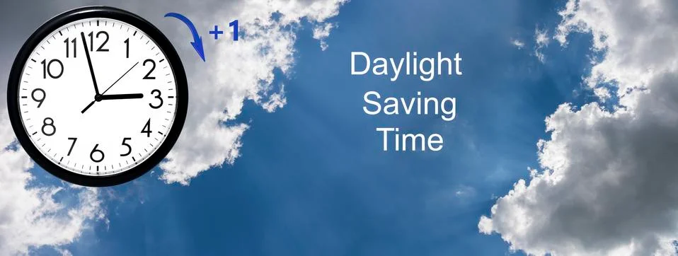 Daylight Saving Time (DST). Blue sky with white clouds and clock. Turn time f Stock Photos