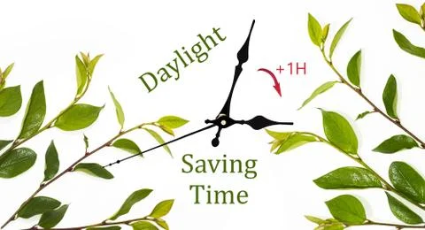Daylight Saving Time (DST). Blue sky with white clouds and clock. Turn time f Stock Photos