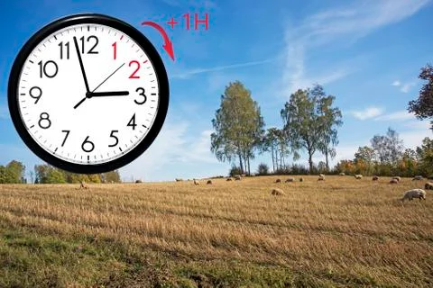 Daylight Saving Time (DST). Blue sky with white clouds and clock. Turn time f Stock Photos