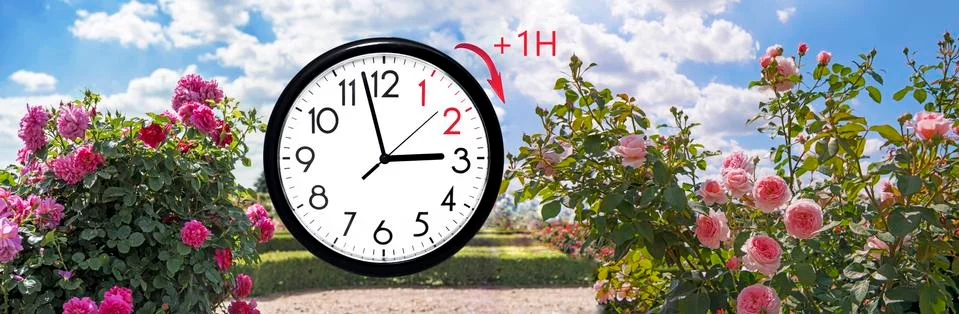 Daylight Saving Time (DST). Blue sky with white clouds and clock. Turn time f Stock Photos