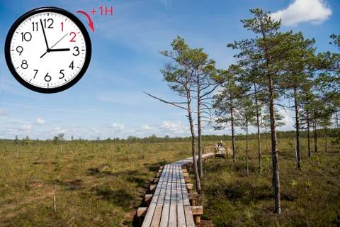 Daylight Saving Time (DST). Blue sky with white clouds and clock. Turn time f Stock Photos