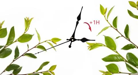 Daylight Saving Time (DST). Blue sky with white clouds and clock. Turn time f Stock Photos