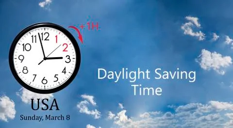 Daylight Saving Time (DST). Blue sky with white clouds and clock. Turn time f Stock Photos