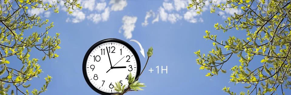 Daylight Saving Time (DST). Blue sky with white clouds and clock. Turn time f Stock Photos