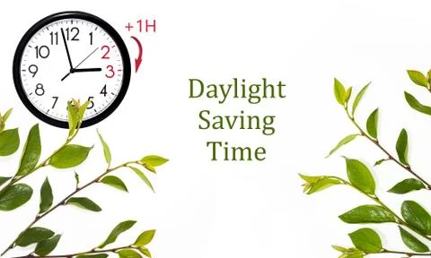 Daylight Saving Time (DST). Blue sky with white clouds and clock. Turn time f Foto stock