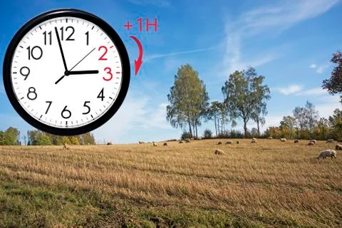 Daylight Saving Time (DST). Blue sky with white clouds and clock. Turn time f Stock Photos