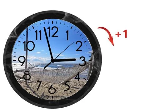 Daylight Saving Time (DST). Wall Clock going to summer time (+1). Turn time f Stock Photos