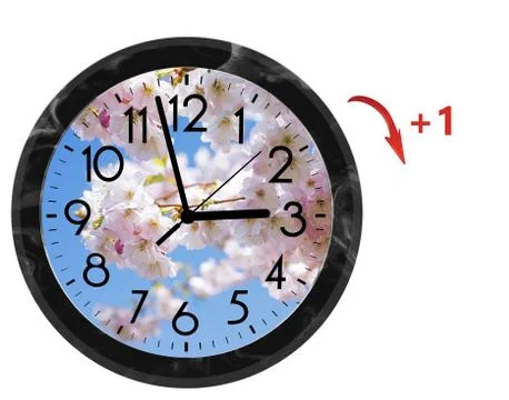 Daylight Saving Time (DST). Wall Clock going to summer time (+1). Turn time f Stock Photos