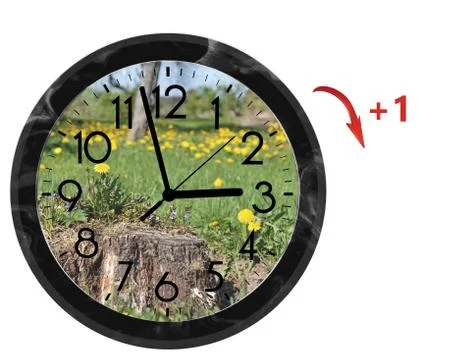 Daylight Saving Time (DST). Wall Clock going to summer time (+1). Turn time f Stock Photos