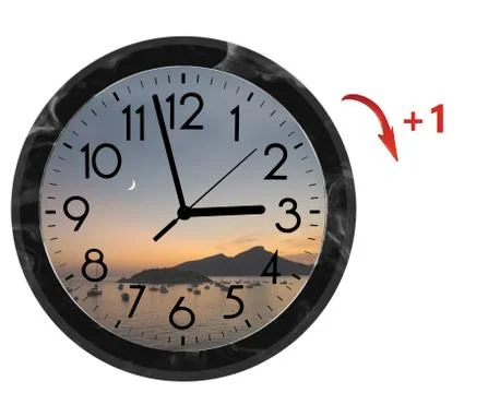 Daylight Saving Time (DST). Wall Clock going to summer time (+1). Turn time f Stock Photos