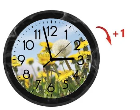 Daylight Saving Time (DST). Wall Clock going to summer time (+1). Turn time f Stock Photos