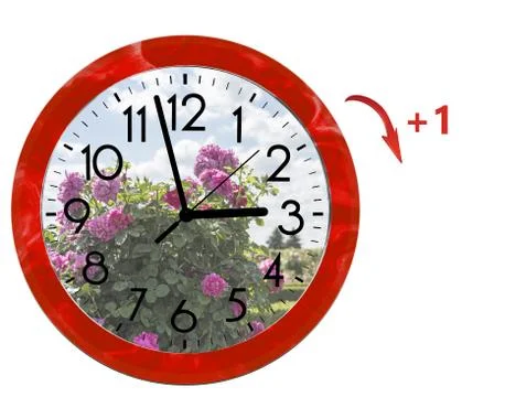 Daylight Saving Time (DST). Wall Clock going to summer time (+1). Turn time f Stock Photos