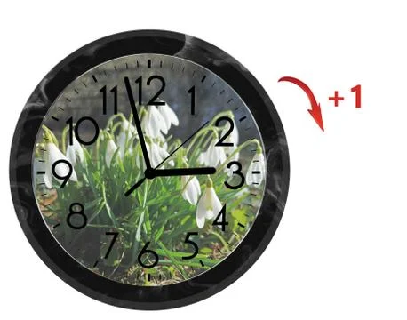 Daylight Saving Time (DST). Wall Clock going to summer time (+1). Turn time f Stock Photos