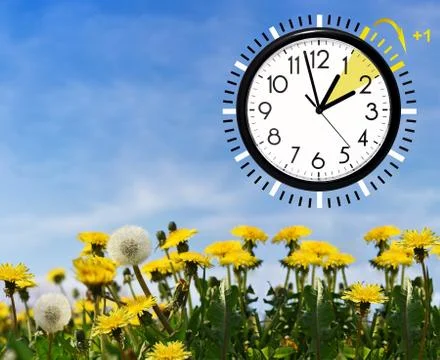 Daylight Saving Time (DST) Wall Clock on spring landscape. Turn time forward. Stock Photos