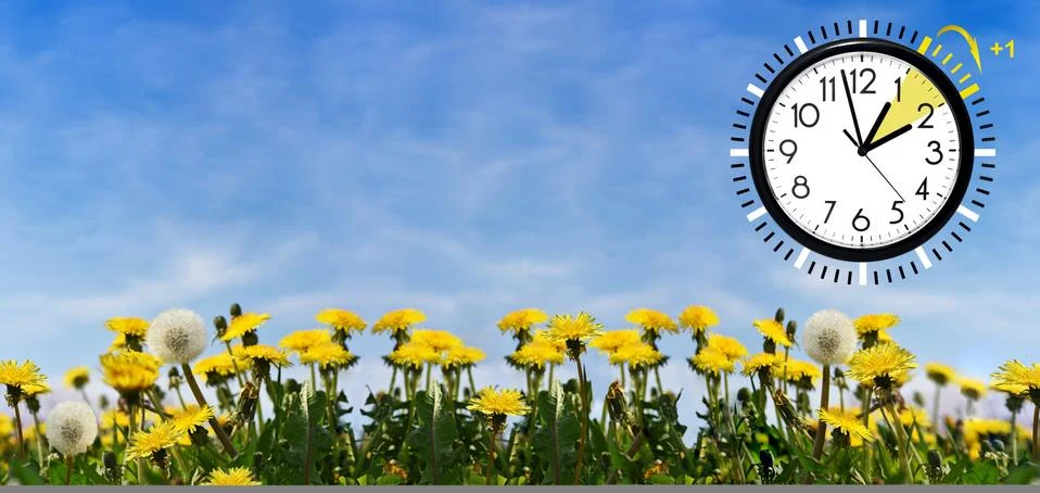 Daylight Saving Time (DST) Wall Clock on spring landscape. Turn time forward. Stock Photos