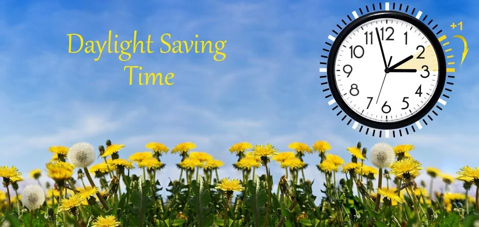 Daylight Saving Time (DST) Wall Clock on spring landscape. Turn time forward. Stock Photos