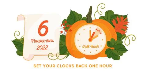 Daylight saving time ends 2022, Fall Back concept. Alarm clock and calendar w Stock Illustration