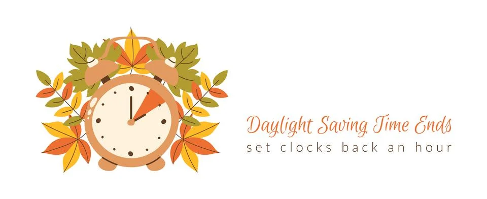 Daylight Saving Time Ends banner. Fall Back web reminder. Turn clocks backw.. Stock Illustration