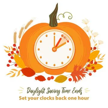 Daylight saving time ends. Fall back time banner. Clock change. Pumpkin alarm Stock Illustration