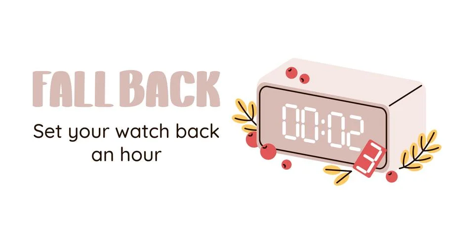 Daylight saving time ends, fall back. Modern electronic clock, autumn folia.. Stock Illustration