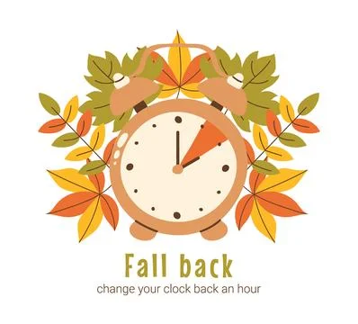 Daylight saving time ends. Fall back poster with alarm and hand drawn autum.. Stock Illustration