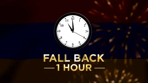Daylight saving time fall back concept with wall clock and golden text agai.. Stock Footage 346542461