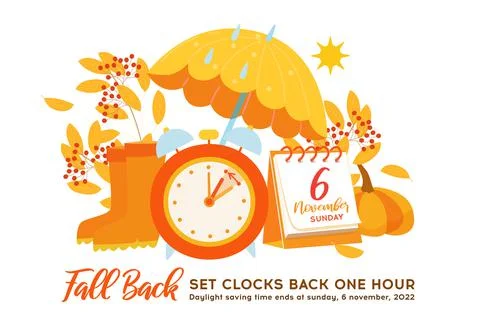 Daylight saving time, Fall Back Time. Alarm clock on the autumn background. Stock Illustration