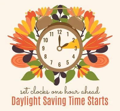 Daylight Saving Time floral concept. Hand of clocks turning to summertime. Sp Stock Illustration