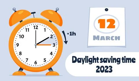 Daylight Saving Time March 12, 2023 Concept. Clock set to an hour ahead. Stock Illustration