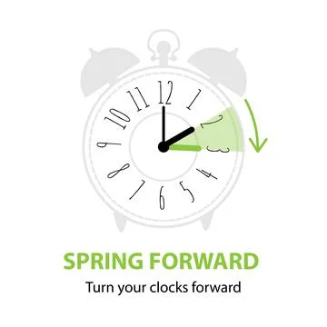 Daylight saving time. Spring forward concept with graphic alarm clock and sch Stock Illustration