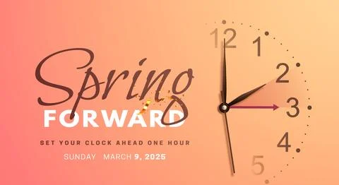 Daylight saving time. Spring forward banner with clock hands Stock Illustration
