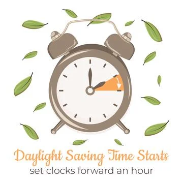 Daylight Saving Time starts in pastel colored concept with green leaves. Al.. Stock Illustration