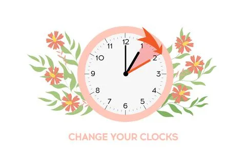 Daylight saving time starts. Time change one hour ahead. Changing clocks. Vec Stock Illustration