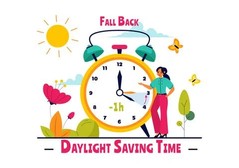 Daylight Saving Time Vector Illustration with Alarm Clock and Calendar Tran.. Illustrazione stock