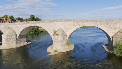 A daylight scene featuring the iconic stone bridge of Gien spanning the Loire Stock Footage 346670081