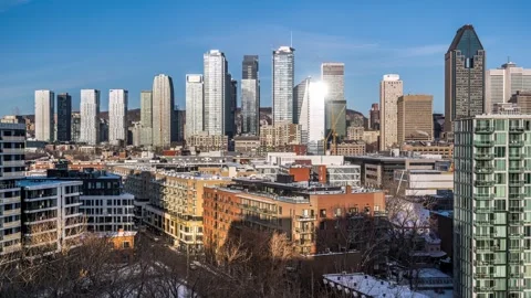 Daylight time lapse view of downtown Montreal from Griffintown in winter morning Stock Footage 267914578
